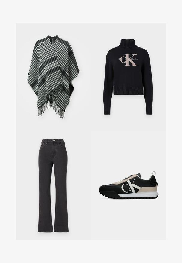 Poncho a scacchi bianco e nero con bordi frangiati, realizzato in tessuto morbido, con un design drappeggiato e apertura a V nella parte superiore.; Maglione corto blu navy con colletto a coste, caratterizzato da un logo 'CK' ricamato in rosa chiaro e testo 'calvin klein'. Texture a maglia liscia.; Jeans neri a vita alta e a zampa d'elefante in denim, con chiusura a bottoni, passanti per cintura e tasche laterali. Texture liscia con minimal fading.; Sneaker nera con un accento in suede beige, logo bianco, suola in gomma e lacci. Presenta una tomaia durevole e un'etichetta sul tallone.