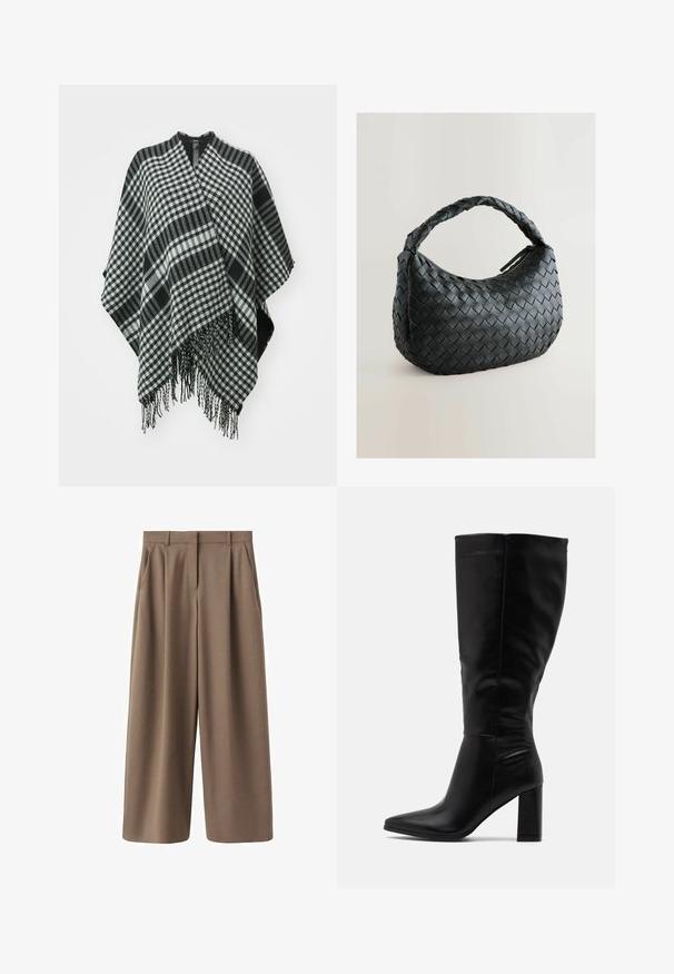 Poncho à carreaux noir et blanc avec des bords à franges, fabriqué en tissu doux, présentant un design drapé et une ouverture en v en haut.; Pull en tricot beige avec un col large et drapé, des manches longues et des poignets côtelés. Texture douce avec un motif chiné subtil.; Pantalons marron à jambe large avec une texture lisse, des plis avant et une taille haute. Dotés d'un design ajusté et de poches latérales.; RAID JORDANN - Bottes à talons hauts - black; Sac à main tissé noir avec une forme arrondie, une surface texturée et une poignée épaisse en tresse. Dispose d'une fermeture éclair pour un rangement sécurisé.; Boucles d'oreilles en métal doré avec un design ondulé ; surface lisse et réfléchissante ; forme asymétrique ; sans motifs ni éléments visibles.