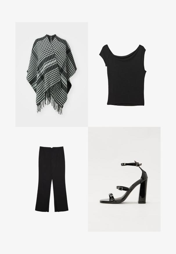 Black and white checked poncho with fringed edges, made of soft fabric, featuring a draped design and v-neck opening at the top.; Black short-sleeve top made of smooth fabric; features a draped neckline and an asymmetrical hemline, with a fitted body.; Black trousers with a straight fit, featuring front pockets and side slits at the hem. Made of soft, smooth fabric. Suitable for various occasions.; Black patent heeled sandals with a square toe, ankle straps, and silver buckles. Features a chunky block heel for stability.