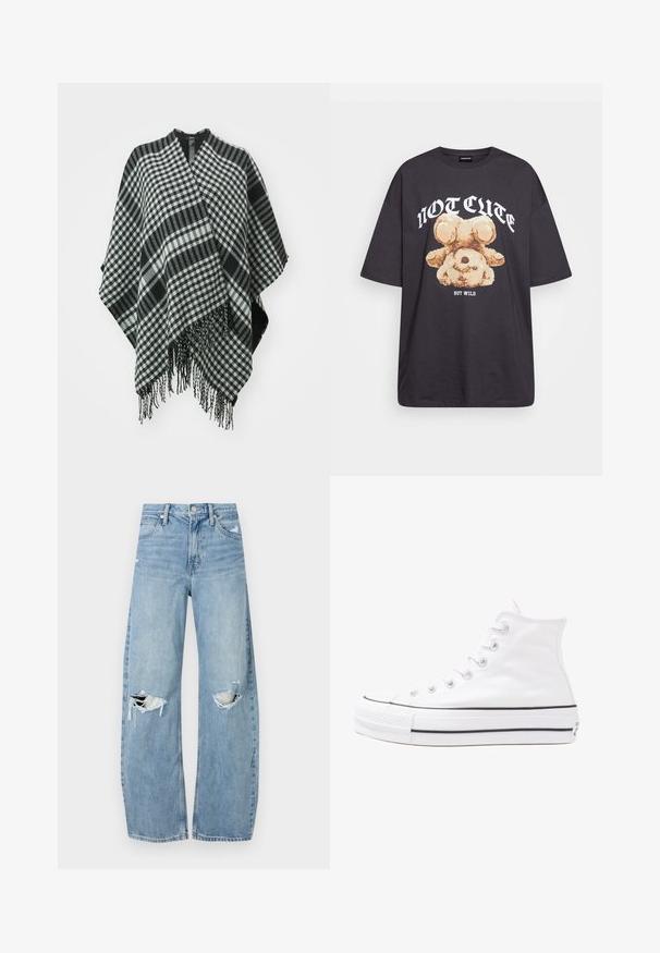 Czarny i biały ponczo w kratę z frędzlami, wykonane z miękkiego materiału, o zwisającym fasonie i otwarciu w kształcie litery V na górze.; Czarny, oversize t-shirt z grafiką niedźwiedzia i napisem „NIE UROCZY, ALE DZIKI” w grubej, białej czcionce. Materiał bawełniany.; Jasnoniebieskie, wysokiej talii dżinsy wykonane z denimu. Posiadają szerokie nogawki, dwa podarte miejsca na kolanach oraz klasyczne pięć kieszeni.; Białe wysokie trampki z płótna z czarną gumową podeszwą, przednim czubkiem z gumy i sześcioma dziurkami na sznurowadła, charakteryzujące się prostym, minimalistycznym designem.