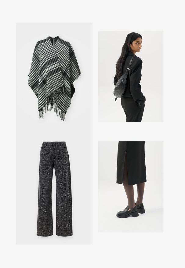 Zwart-witte geruite poncho met franjes, gemaakt van zachte stof, met een gedrapeerd ontwerp en een v-halsopening bovenaan.; Zwarte bodysuit met lange mouwen, voorzien van een mesh V-halslijn en geplooide schouderdetails. Glad fabric met een aansluitende pasvorm.; Noisy May NMJANNEL LOOSE - Relaxed fit jeans - black denim; Zwarte leren schoenen met een ronde neus, dikke blokhak en elastische zijkanten, gecombineerd met donkere panty's en een zwarte rok met een split.; Vrouw met lang donker haar in een zwart pak, met een zwart leren schoudertas, die over haar schouder kijkt tegen een witte achtergrond.; Zilveren hoepel oorbellen met een minimalistisch ontwerp. Cirkelvormig, gladde textuur en dun profiel. Lichtgewicht met een gepolijste afwerking.