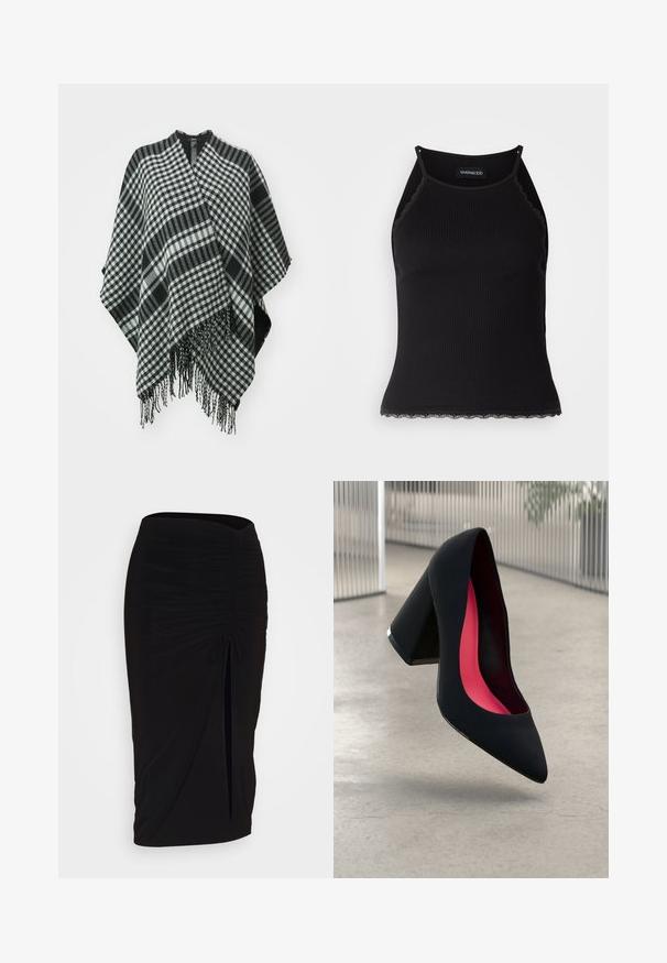 Poncho cu carouri alb-negru, cu margini franjurate, realizat dintr-un material moale, având un design drapat și o deschidere în formă de v la partea superioară.; Top de bumbac negru cu nervuri, cu dantelă ondulată la margine. Are bretele subțiri și un design ajustat. Fabricat din material elastic.; Fustă creion neagră, plisată, cu detalii cu fundă și o fanta laterală. Fabricată dintr-un material elastic, cu o textură netedă și un design care se mulează pe corp.; Cămașă cu toc înalt, neagră, cu vârful ascuțit, suprafață texturată și interior de un roz vibrant. Dispune de un toc gros cu accent argintiu.