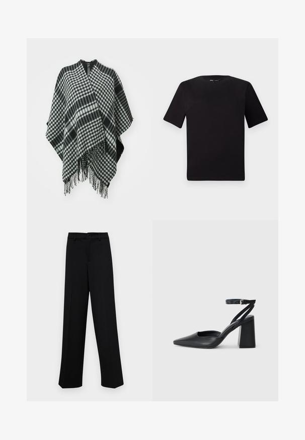 Schwarz-weiß kariertes Poncho mit fransigen Kanten, aus weichem Stoff gefertigt, mit einem drapierten Design und einem V-Ausschnitt oben.; Schwarzes T-Shirt mit kurzen Ärmeln und Rundhalsausschnitt, aus weichem Baumwollmaterial gefertigt. Schlichtes Design, keine sichtbaren Logos oder Muster.; Schwarze, weit geschnittene Hosen aus glattem Stoff, mit einem klassischen Taillenbund und einem Knopfverschluss sowie vorderen Falten.; Schwarze Leder-Pumps mit spitzer Zehe, einem Knöchelriemen und einem blockigen Absatz. Flache Textur, elegantes Design und minimalistische Ästhetik.