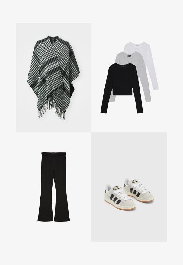 Poncho cu carouri alb-negru, cu margini franjurate, realizat dintr-un material moale, având un design drapat și o deschidere în formă de v la partea superioară.; Trei bluze cu mânecă lungă așezate: neagră, gri și albă. Fiecare are un guler rotund și un design scurt, realizat dintr-un material fin și ușor.; Leggings negre cu tiv evazat, realizate dintr-un material elastic. Au o talie largă și o textură fină, cu o siluetă ajustată care se lărgește la tiv.; Adidași din suede gri cu șireți albi, dungi negre și talpă din cauciuc alb. Prezintă un logo circular pe limbă și o talpă din cauciuc.