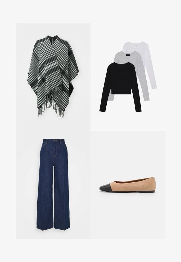 Sort-hvidternet poncho med frynsede kanter, lavet af blødt stof, med et draperet design og v-hals åbning øverst.; Tre langærmede toppe stablet: sort, grå og hvid. Hver har en rund halsudskæring og et cropped design med glat, let stof.; Høj talje, vid ben, mørkeblå denim jeans med for- og baglommer, knaplukning og synlige syninger.; Beige ruskind balletflade med en sort læder rund tåkap, lav hæl og glat tekstur, der har minimal syning og et enkelt design.