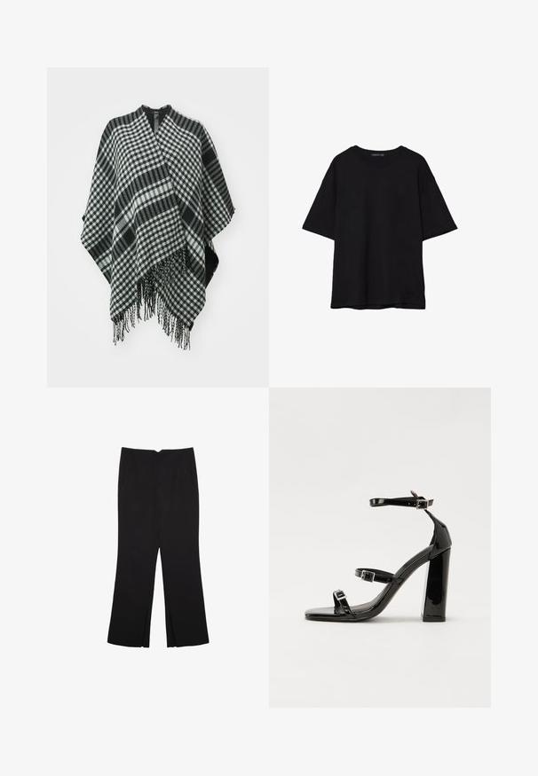 Schwarz-weiß kariertes Poncho mit fransigen Kanten, aus weichem Stoff gefertigt, mit einem drapierten Design und einem V-Ausschnitt oben.; Schwarzes Baumwoll-T-Shirt mit lässiger Passform, kurzen Ärmeln, runder Ausschnitt und glatter Textur. Keine sichtbaren Muster oder Akzente.; Schwarze Hose mit geradem Schnitt, ausgestattet mit Fronttaschen und Seitenschlitzen am Saum. Hergestellt aus weichem, glattem Stoff. Geeignet für verschiedene Anlässe.; Schwarze patentierte Sandalen mit Absatz, quadratischer Spitze, Knöchelriemen und silbernen Schnallen. Mit einem stabilen Blockabsatz für mehr Stabilität.