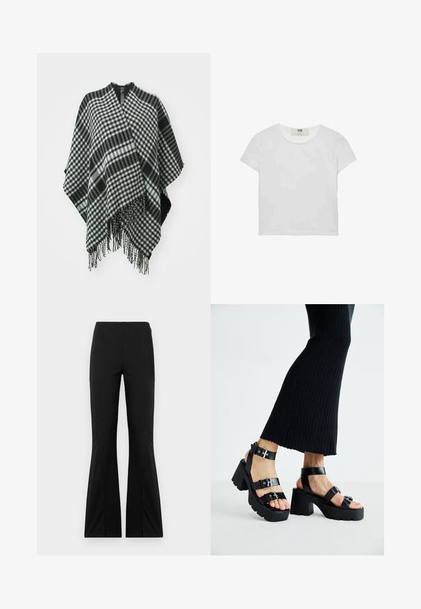 Črno-bela karirana pončo s frufru robovi, izdelana iz mehke tkanine, z drapirano zasnovo in V-izrezom na vrhu.; Bela majica s kratkimi rokavi in okroglim ovratnikom, izdelana iz mehke bombažne tkanine, ki ima preprost, čist dizajn brez vidnih vzorcev ali poudarkov.; Črne široke hlače iz raztegljive tkanine, ki imajo gladko teksturo, prilagojen kroj in razporke na robovih.; Črne platforme s sandali in debelimi, zarezami ter več naramnicami, ki vključujejo kovinske zaponke in gladko teksturo, podobno usnju.