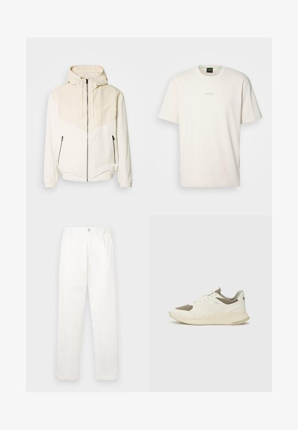 Giacca con cappuccio in bianco sporco con pannello a contrasto beige chiaro. Presenta chiusura con zip e tasche laterali con zip. Texture liscia.; BOSS TEE - T-shirt basic - open white; Pantaloni bianchi realizzati in tessuto liscio, con un design a gamba dritta, pieghe frontali e una chiusura a bottone singolo in vita.; Sneaker atletica bianca e beige chiaro, con tomaia in mesh, dettagli perforati e una suola intermedia texturizzata con marchio sul tallone.