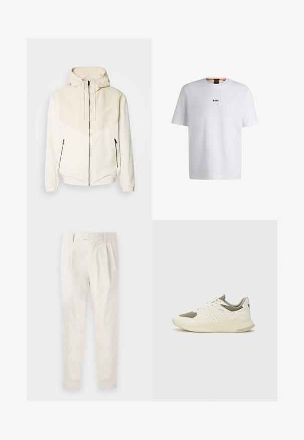 Veste à capuche en blanc cassé avec un pan beige clair contrastant. Équipée d'une fermeture éclair et de poches latérales avec fermetures éclair. Texture lisse.; T-shirt en coton blanc à manches courtes, avec un logo noir "BOSS" centré sur la poitrine et un design à col rond.; Pantalons blancs plissés avec une coupe ajustée, dotés d'une texture lisse, de passants de ceinture et de jambes fuselées. Pas de poches visibles ni de motifs.; Basket de sport blanche et beige clair, avec une tige en maille, des détails perforés et une semelle intermédiaire texturée avec un logo sur le talon.