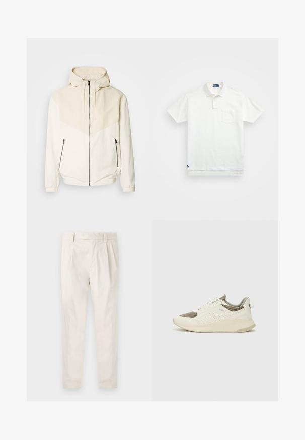 Jachetă cu glugă de culoare albă murdară, cu un panou contrastant de bej deschis. Are închidere cu fermoar și buzunare laterale cu fermoar. Textură netedă.; Cămașă polo albă din bumbac, cu un guler clasic, placket cu trei nasturi și un buzunar pe pieptul stâng; logo mic pe tiv.; Pantaloni albi plisati, cu o croială ajustată, având o textură netedă, bucle pentru curea și picioare conice. Fără buzunare vizibile sau modele.; Tenis sportivi alb și bej deschis, cu un înveliș din plasă, detalii perforate și o talpă intermediară texturată, având marcaj pe călcâi.