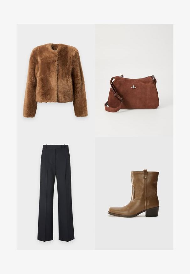 Brown faux fur jacket with a cropped design, long sleeves, and a round neckline. Features a soft, textured surface and no fastenings.; Beige ribbed knit sweater with a deep V-neck, long sleeves, and a textured panel at the chest. Cropped length with a relaxed fit.; Dark blue pinstriped trousers with a high waist, wide leg design, and no visible hardware or embellishments. Smooth texture and tailored fit.; Brown leather ankle boot with a square toe, textured finish, and a low stacked heel. Features a rear pull tab and subtle stitching details.; Brown suede handbag with a zip closure, adjustable shoulder strap, and silver hardware accent, featuring a subtle textured surface.