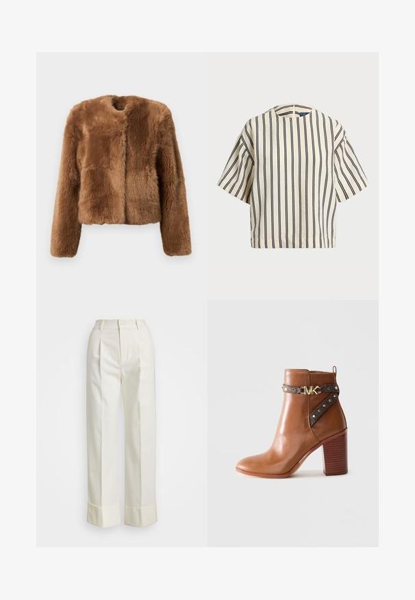 Hnědá umělá kožešinová bunda s krátkým střihem, dlouhými rukávy a kulatým výstřihem. Má měkký, texturovaný povrch a žádné zapínání.; Krátký rukáv, pruhované tričko ve krémové a námořnické barvě, s kulatým výstřihem a širokým střihem z texturovaného materiálu.; Bílé kalhoty na míru s vysokým pasem, dvojitými předními záhyby a širokými nohavicemi s ohrnutými lemy. Vyrobeny z hladké, strukturované tkaniny.; Hnědá kožená kotníková bota s blokovým podpatkem, bočním popruhem se zlatými kuličkami a zlatou sponou s logem "MK".