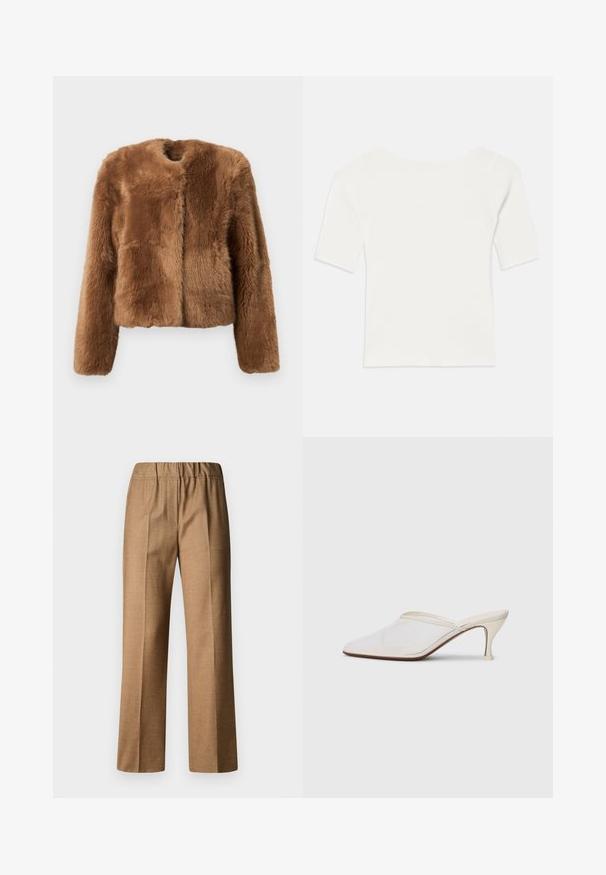 Brun fuskpälsjacka med en kortad design, långa ärmar och rund halsringning. Har en mjuk, texturerad yta och inga knäppningar.; Vit ribbad kortärmad topp med vid halsringning. Texturen har vertikala ränder som betonar en tight passform och enkelt design.; Bruna, strukturerade byxor med avslappnad passform, som har vida ben och resår i midjan. Skräddarsydd design med framfickor.; Vit nät-mule med spetsig tå, smal klack i medelhöjd och slip-on design mot en enkel bakgrund.