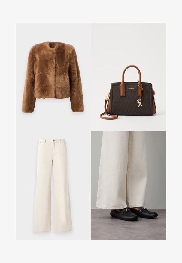 Brūna mākslīgās kažokādas jaka ar īsu dizainu, garām piedurknēm un apaļu izgriezumu. Iespējama mīksta, teksturēta virsma un bez aizdare.; Balta bez piedurknēm topa, izgatavots no gludas auduma, ar apaļu kakla izgriezumu un smalkām krokām uz pleciem, ar izliekta apakšmalu.; Beige platās kājas bikses, izgatavotas no kokvilnas ar gludu tekstūru. Tām ir pogu aizdare, priekšējās kabatas un klasiskā jostas vietas dizains.; Melni ādas loaferi ar zelta metāla detaļām, valkāti kopā ar platām, krēmkrāsas biksēm, kas atklāj gludu tekstūru un noapaļotu formu.; MICHAEL Michael Kors LAILA SATCHEL - Rokassoma - brown