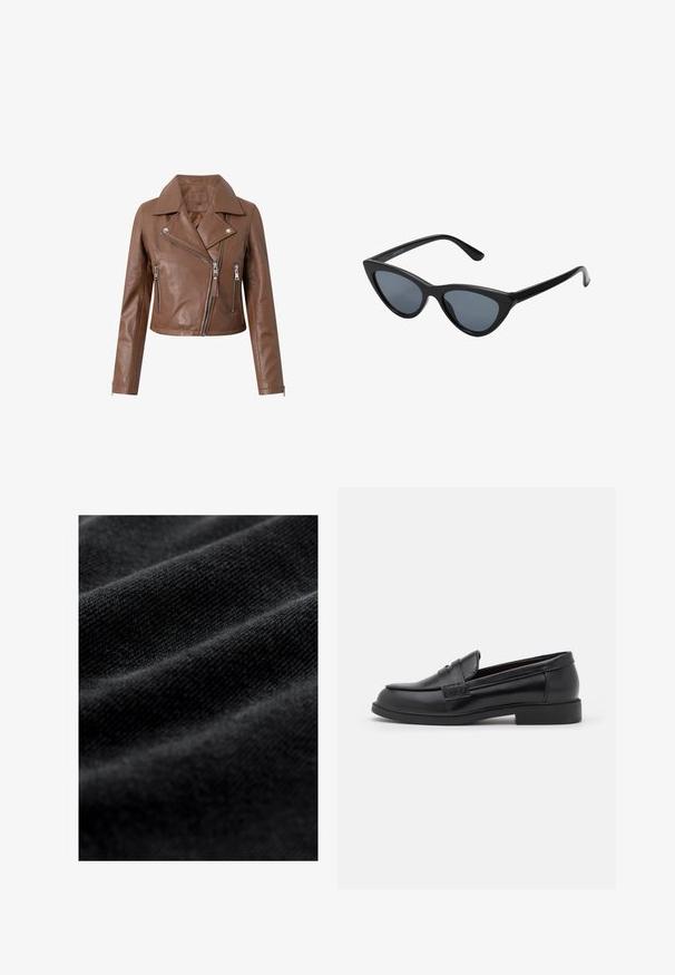 Brun läderbikerjacka med en kortad design, breda slag, asymmetrisk dragkedjestängning och två dragkedjefickor. Mjuk textur.; Svart ribbad polotröja med långa ärmar och en kroppsnära silhuett. Texturen är slät med ett horisontellt ribbat mönster.; Svart tyg med en slät, mjuk struktur, med subtila horisontella veck och ett enhetligt vävmönster. Inga synliga mönster eller accenter.; Svarta läderskor i loafermodell med en slät yta, rund tå, sydda detaljer på ovandelen och en låg, platt gummisula.; Svart kattögon-solglasögon med mörkgrå linser, slimmad plastbåge, spetsiga hörn och raka skalmar. Ingen synlig hårdvara eller accenter.