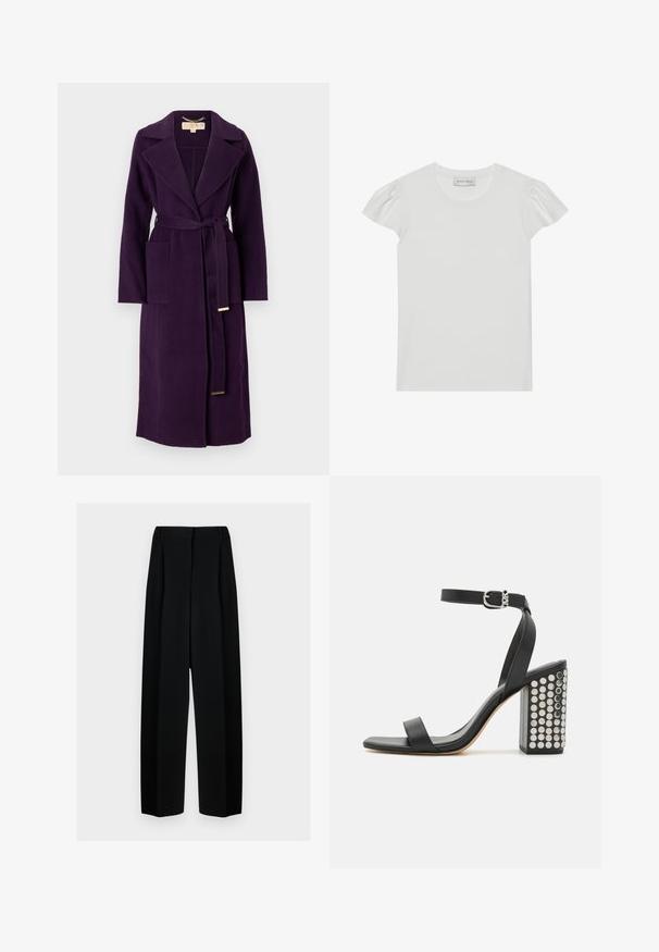 Cappotto trench in lana viola con colletto a serafino, vita abbottonata e due tasche frontali. Presenta una superficie liscia e dettagli in hardware dorato.; T-shirt bianco a maniche corte realizzato in tessuto morbido. Presenta piccole maniche a sbuffo e un collo rotondo. Etichetta: "ANNA FIELD" sul collo.; Pantaloni neri a gamba larga con vita alta, dotati di pieghe e una texture liscia. Il tessuto sembra leggero e si drappeggia in modo elegante.; Infradito in pelle nera con tacco e cinturino alla caviglia. Presentano una punta quadrata, una texture liscia e un tacco a blocco quadrato adornato con borchie in argento.