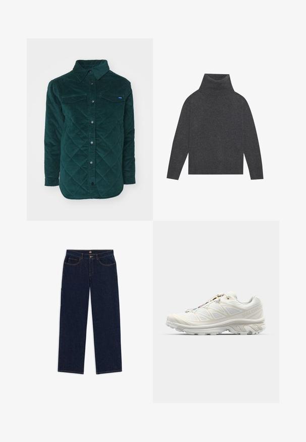 Kurtka koszulowa z pikowanej ciemnozielonej kordurowej tkaniny z zapięciem na guziki, dwoma kieszeniami na piersi i klasycznym kołnierzykiem. Teksturowany materiał z wzorem w diamenty.; Szary sweter typu golf wykonaný z miękkiej, teksturowanej dzianiny. Posiada długie rękawy oraz luźny, pudełkowy kształt z ribbowanym dołem i mankietami.; Granatowe dżinsy o prostym kroju, z pięcioma kieszeniami i kontrastującymi pomarańczowymi przeszyciami. Pas wyposażony w metalowy guzik i zamek błyskawiczny.; Białe buty do biegania z przewiewną siateczką, teksturowanymi akcentami i amortyzowaną podeszwą. Posiadają system szybkiego sznurowania dla łatwego dopasowania.