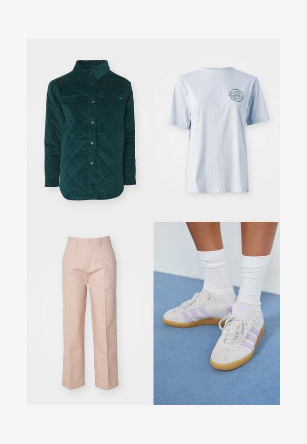 Odinė tamsiai žalia velvetinė marškinėlių striukė su sagų uždarymu, dviem krūtinės kišenėmis ir klasikiniu apykaklės modeliu. Tekstūruota medžiaga su deimantiniu raštu.; Šviesiai mėlynos spalvos medvilnės marškinėliai su trumpomis rankovėmis, su tamsiai mėlynu apvaliu logotipo grafiku kairėje krūtinės pusėje.; Šviesiai rožiniai, aukšto liemens kelnės, pagamintos iš medvilnės mišinio. Yra priekinis užsegimas mygtuku, tiesios kojos ir tradicinės kišenės.; Šviesiai pilki zomšiniai sportbačiai su trimis alyvinėmis juostelėmis, guminis padas, plokščios raišteliai ir balti smulkūs raišteliai. Fonas mėlynas.