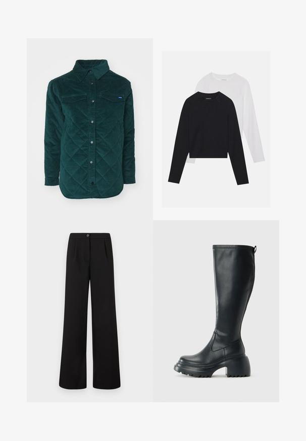 Steppelt sötétzöld kordbársony ingdzseki gombos elülső résszel, két mellzsebbel és klasszikus gallérral. Texturált anyag, gyémántmintázattal.; Két hosszúujjú póló: az egyik fekete, a másik fehér. Mindkettő kerek nyakú, raglán ujjal és puha pamutkeverék anyaggal készült.; Fekete, magas derékú, széles szárú nadrág elöl gombos és cipzáros záródással, a derékpánt alatt finom redőzéssel.; Magas fekete bőrcipő, vastag platform talppal és blokk sarokkal, húzófüllel és texturált profillal az outsole-on.