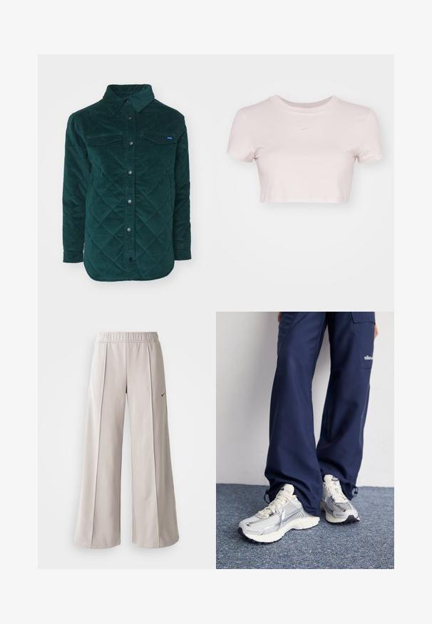 Quiltet, mørkegrøn kordfløjl skjortejakke med knaplukning foran, to brystlommer og klassisk krave. Textureret stof med et diamantmønster.; Lyserød cropped T-shirt, lavet af blødt stof. Har rund halsudskæring og korte ærmer med et lille hvidt Nike-logo på brystet.; Lys grå, vide bukser lavet af glat stof. Har et elastisk talje bånd og sort Nike-logo på venstre side.; Nike sportssko med en sølvfarvet mesh-overdel, hvide detaljer og strukturerede såler, parret med løstsiddende navy bukser.
