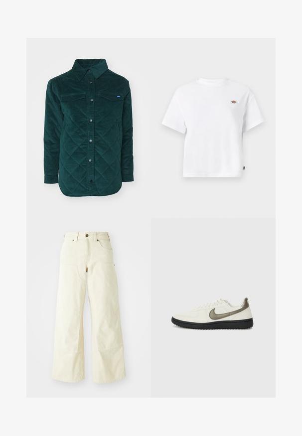 Quiltet, mørkegrøn kordfløjl skjortejakke med knaplukning foran, to brystlommer og klassisk krave. Textureret stof med et diamantmønster.; Hvid bomulds t-shirt med en afslappet pasform, der har et lille logo-patch på brystet og et mærke på siden for ekstra detaljer.; Beige brede bukser i bomuld med høj talje, store forlommer og en glat overflade med minimal syning.; Nike Sportswear FIELD GENERAL - Sneakers - off-white/black