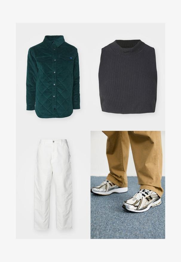 Quiltet, mørkegrøn kordfløjl skjortejakke med knaplukning foran, to brystlommer og klassisk krave. Textureret stof med et diamantmønster.; Afkortet ribbet top i mørk navy, med høj halsudskæring og et subtilt Nike-logo. Stoffet har en struktureret, strækbar overflade.; Hvide cargo-bukser lavet af denim, med en afslappet pasform, sidelommer og synlige syninger. Ensfarvet front med knaplukning.; Hvide og sølv New Balance sneakers med sorte accenter og snørebånd, der har en mesh-overdel, polstret sål og dynamisk design.