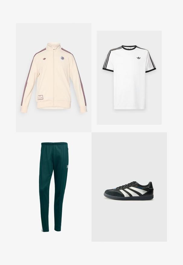 adidas Originals AJAX ICON TRACK TOP - Roupa de discoteca - halo ivory; T-shirt de algodão branco com decote e mangas caneladas pretas, apresentando três riscas pretas em cada ombro e um pequeno logotipo no peito.; Calças de desporto em verde escuro com um corte ajustado, cintura elástica, bolsos laterais com fecho e riscas brancas nas laterais. Feitas de um material suave e respirável.; adidas Performance PREDATOR FREESTYLE JUDE INDOOR FOOTBALL SHOES - Botas de futebol de salão - core black/silver-coloured/glory blue