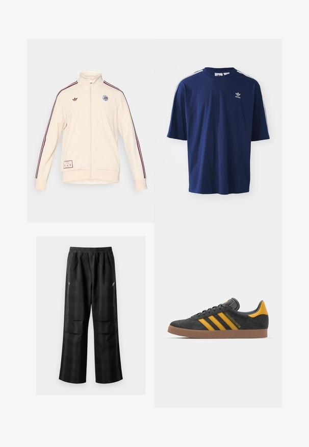 adidas Originals AJAX ICON TRACK TOP - Roupa de discoteca - halo ivory; T-shirt de algodão azul-marinho com mangas curtas, gola redonda, três riscas brancas nos ombros e um pequeno logótipo branco no peito.; Calças pretas em padrão xadrez com cintura elástica, dois bolsos frontais e um ajuste solto com design de perna reta. Feitas de material leve.; Tenis em camurça preta com detalhes amarelos, apresentando três riscas e uma sola de borracha castanha. Inclui uma língua acolchoada para maior conforto.