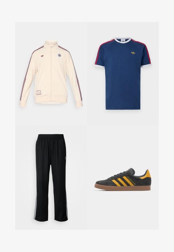 adidas Originals AJAX ICON TRACK TOP - Klubiriided - halo ivory; Tumesinine puuvillane T-särk, millel on valged ja punased triibud varrukatel, ümarselg ja väike kuldne logo rinnal.; Mustad mustad spordipüksid elastse vöökohaga, millel on valged küljeread ja väike logo. Materjal tundub pehme ja kerge.; Mustad sametist spordijalatsid kollaste aktsentidega, millel on kolm triipu ja pruun kummitald. Mugavuse tagamiseks on neil pehmendatud keele osa.