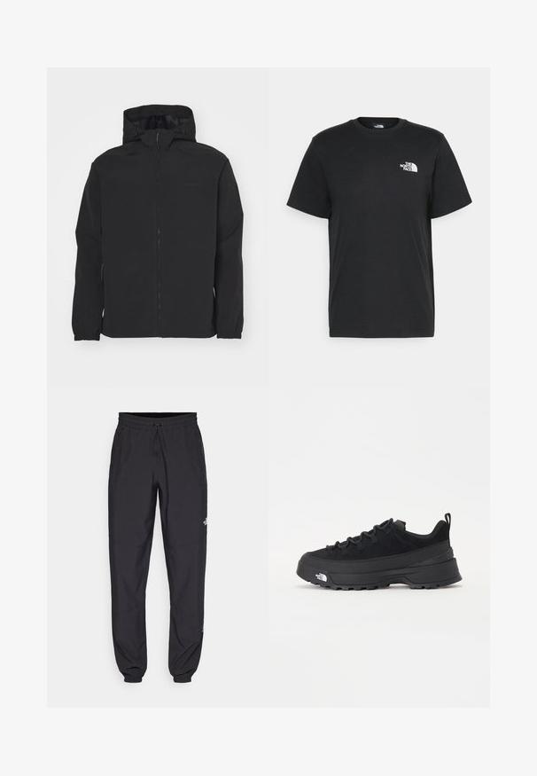 Schwarze Zip-Jacke mit Kapuze. Verfügt über elastische Bündchen, eine strukturierte Oberfläche und ein dezentes Logo auf der Brust. Leichtes Design.; Schwarzes Baumwoll-T-Shirt mit kurzen Ärmeln, Rundhalsausschnitt und einem kleinen weißen Logo auf der linken Brust. Schlichtes Design, glatte Textur und lockere Passform.; Schwarze Sporthosen aus leichtem Stoff, mit einem Kordelzugbund, seitlichen Taschen und schmal zulaufenden Bündchen an den Knöcheln.; Schwarzer Outdoorsneaker mit einem Obermaterial aus Wildleder, strukturierter Gummisohle und robustem Schnürsystem. Verfügt über eine verstärkte Ferse und das Markenlogo an der Seite.