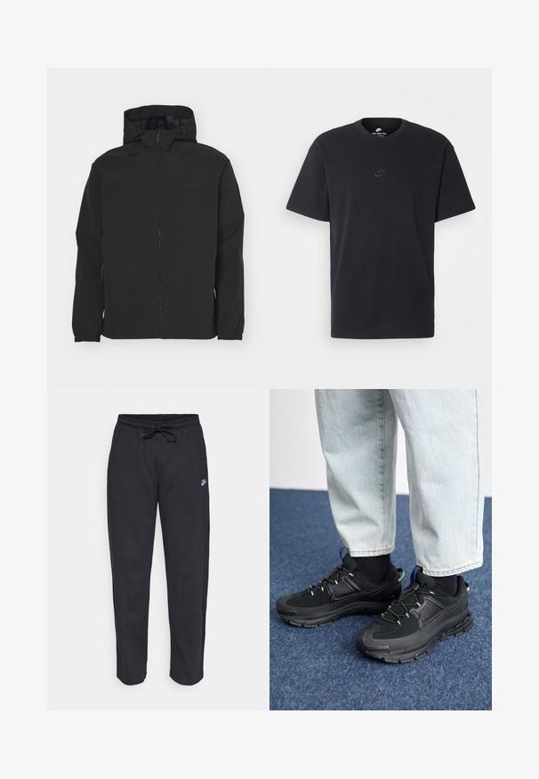 Mustikara konksakiga, millel on kapuuts. Omab elastseid varrukasuudmeid, tekstureeritud pinda ja diskreetset logo rinnal. Kerge disain.; Nike musta mustast puuvillast T-särk klassikalise ümmarguse kaelusega, lühikeste varrukatega ja õrna, reljeefse logoga rinnal. Sile tekstuur.; Mustad mustad, pehmest kangast, elastse vöökoha, nööriga ja väikese Nike logo'ga vasakul reiel.; Mustad mustad jooksukingad, millel on tekstureeritud kangas ja kummist tallad, elastsed nöörid ning sinine aksent kandadel. Kandmine heledate teksadega.