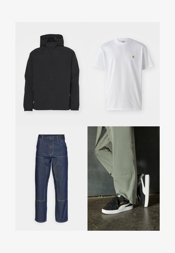 Sort zip-jakke med hætte. Har elastiske cuffe, en tekstureret overflade og et subtilt logo på brystet. Letvægtsdesign.; Hvid bomulds t-shirt med korte ærmer, rund hals og et lille guld logo på venstre brystområde. Blød tekstur og almindelig pasform.; Mørkeblå denim jeans med høj talje, lige ben-design, kontrastsyninger og lappelommer foran.; Sorte ruskinds sneakers med hvide gummisåler og sidestreger, parret med lysegrønne cargo bukser, stående på en struktureret mørk overflade.