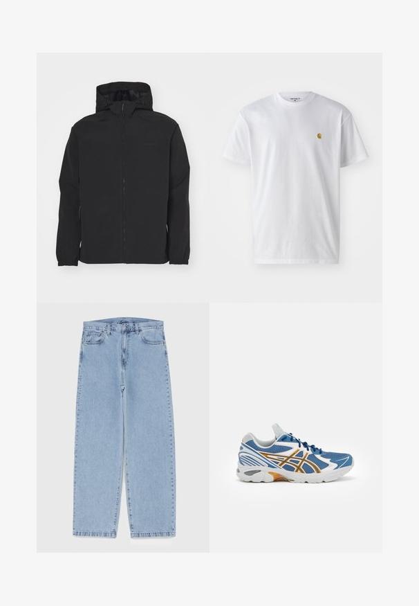 Čierna zipsová bunda s kapucňou. Obsahuje elastické manžety, štruktúrovaný povrch a diskrétne logo na hrudi. Ľahký dizajn.; Biele bavlnené tričko s krátkymi rukávmi, okrúhlym výstrihom, s malým zlatým logom na ľavej strane hrude. Mäkká textúra a normálny strih.; Svetlomodré denimové džínsy s rovnými nohavicami, s polovysokým pásom, piatimi vreckami a zapínaním na gombík a zips.; Modrá športová obuv s sieťovaným zvrškom, bielymi a oranžovými akcentmi, polstrovanou medzipodošvou a štruktúrovanou gumovou podrážkou. S možnosťou šnurovania.