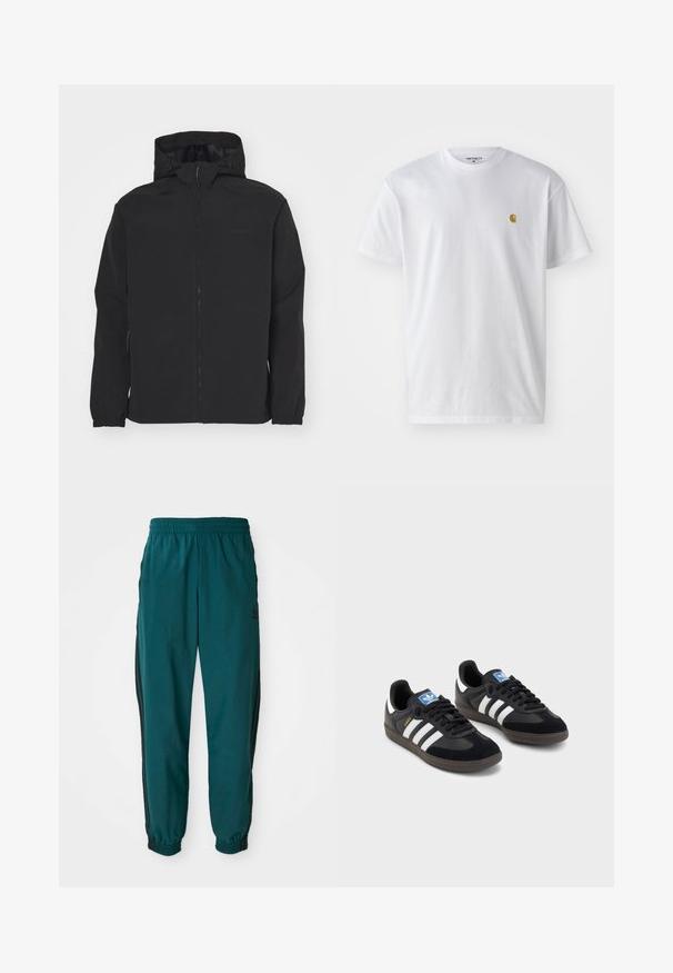 Črna jopica z zadrgo in kapuco. Ima elastične manšete, teksturirano površino in subtilen logo na prsih. Lahka zasnova.; Bela bombažna majica s kratkimi rokavi, krožnim ovratnikom, z majhnim zlatim logotipom na levem prsnem predelu. Mehka tekstura in običajen kroj.; Teal športne hlače z vrvico v pasu, elastičnimi manžetami in črnimi stranskimi črtami. Narejene so iz lahkotnega materiala, z logotipom blizu bokov.; Črne športne copate z zgornjim delom iz semiša in sintetičnih materialov, ki imajo tri bele črte, teksturiran gumijast podplat in modro označevalno oznako na jeziku.
