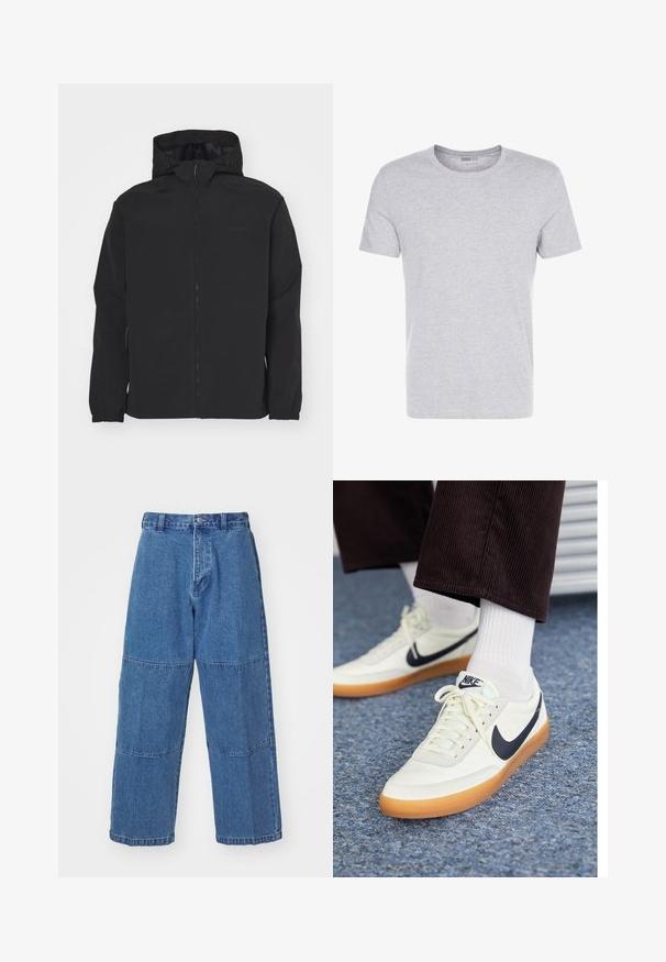 Musta vetoketjullinen takki hupulla. Varustettu elastisilla hihansuilla, teksturoidulla pinnalla ja hienovaraisella logolla rinnassa. Kevyt muotoilu.; Harmaa puuvillainen t-paita, jossa on pyöreä pääntie, lyhyet hihat ja yksinkertainen muotoilu. Paita on pehmeä ja sileä, eikä siinä ole näkyviä kuvioita tai koristeita.; Vaaleansiniset denimhousut, joissa on rento istuvuus. Housuissa on kaksi erilaista kangaspaneelia, etunappikiinnitys ja leveät lahkeet.; Nike-tennarit valkoisesta nahasta, sinisellä swoosh-logolla, varustettuna kumipohjalla ja valkoisilla nauhoilla, yhdistettynä valkoisiin pituusvartisiin sukkiin ja tummiin cord pantseihin.