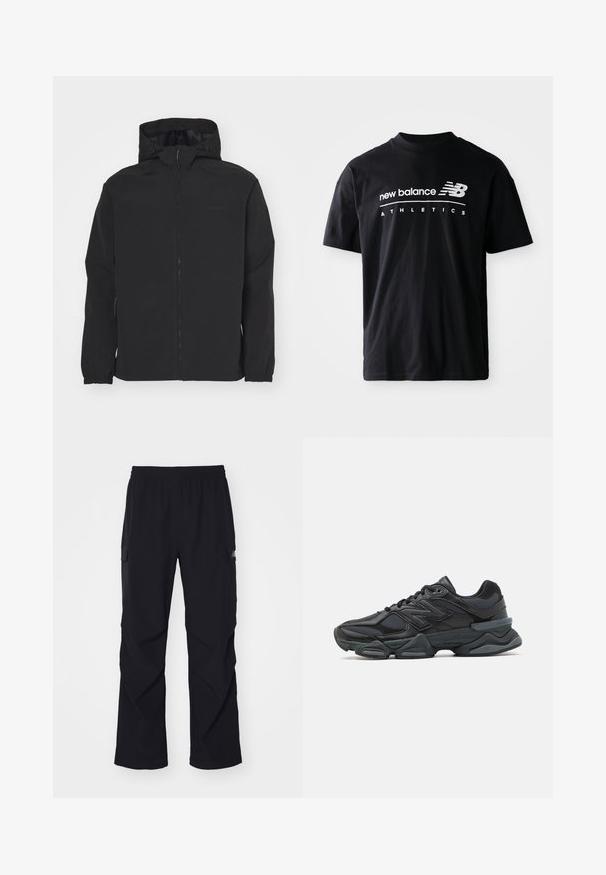 Sort zip-jakke med hætte. Har elastiske cuffe, en tekstureret overflade og et subtilt logo på brystet. Letvægtsdesign.; Sort bomulds T-shirt med rund halsudskæring, korte ærmer og hvidt tekstgrafik med "new balance" og "ATHLETICS" på forsiden.; Sorte cargo bukser lavet af let materiale, med elastisk talje, sidelommer og lige ben design.; Sorte løbesko med en blanding af mesh og syntetiske materialer, kraftig sål, buet design og fremtrædende branding på siden.