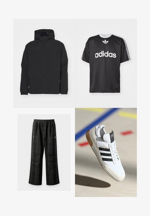 Zwarte zip-up jack met een capuchon. Heeft elastische manchetten, een gestructureerd oppervlak en een subtiele logo op de borst. Lichtgewicht ontwerp.; Zwarte t-shirt met korte mouwen, voorzien van een witte "adidas" logo en drie strepen op elke schouder. Gemaakt van glad, lichtgewicht materiaal met een ronde hals.; Zwarte geruite broek met een elastische tailleband, twee voorzakken en een losse pasvorm met een rechte pijpdesign. Gemaakt van lichtgewicht materiaal.; Witte Adidas Mundial Goal sneakers met zwarte strepen en gumzool, midden in de lucht boven een sportvloer met gekleurde lijnen.