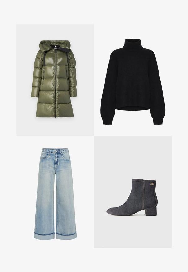 Olivgrüner Puffer-Mantel mit glänzender Oberfläche, ausgestattet mit einer Kapuze, schwarzen Trägern und zwei seitlichen Reißverschlusstaschen. Gerade geschnitten mit einem Frontreißverschluss.; Schwarzer Rollkragenpullover mit einem verkürzten Design, aus flauschigem Material gefertigt. Mit weiten Ärmeln und einer gerippten Textur am Kragen.; Hellblaue Denim-Jeans mit weitem Bein und hoher Taille, mit umgeschlagenem Saum, fünf Taschen und kontrastierenden Nähten.; Dunkelblaue Jeans-Stiefelette mit spitzem Zehen, Blockabsatz, sichtbaren Nähten und einem dezenten Markenlogo an der Seite. Glatte Textur.