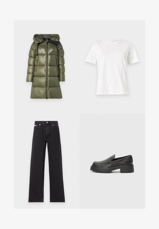 Olivgrüner Puffer-Mantel mit glänzender Oberfläche, ausgestattet mit einer Kapuze, schwarzen Trägern und zwei seitlichen Reißverschlusstaschen. Gerade geschnitten mit einem Frontreißverschluss.; Weißes Baumwoll-T-Shirt mit kurzen Ärmeln, Rundhalsausschnitt und lockerer Passform. Glatte Textur, keine Muster oder Akzente, minimalistisches Design.; Schwarze weit geschnittene Jeans aus Denim mit einem hoch sitzenden Bund, fünf Taschen und einem Metallknopfverschluss mit kontrastierendem Nähte.; Schwarze Lederloafer mit einer abgerundeten Spitze, dicker strukturierten Laufsohle und minimalen Nähten. Schlankes Design ohne sichtbare Schnürsenkel oder Beschläge.