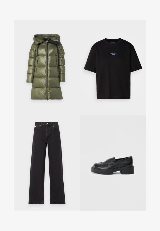 Manteau matelassé vert olive avec une finition brillante, doté d'une capuche, de sangles noires et de deux poches zippées sur les côtés. Coupe droite avec une fermeture éclair sur le devant.; T-shirt en coton noir avec un col rond, des manches courtes et un logo brodé bleu "Calvin Klein JEANS" sur le devant.; Jeans noirs à jambes larges en denim, avec une taille haute, une coupe à cinq poches et une fermeture à bouton en métal avec des coutures contrastantes.; Mocassins en cuir noir avec une finition texturée, dotés d'une sangle rectangulaire sur le dessus du pied et d'un design de semelle épaisse à relief.