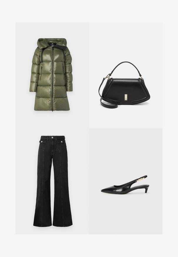 Abrigo acolchado verde oliva con un acabado brillante, con capucha, tirantes negros y dos bolsillos laterales con cremallera. Corte recto con cremallera frontal.; Camiseta de algodón negra con cuello redondo, mangas cortas y un logo bordado en el pecho. Ajuste simple y relajado sin patrones.; Jeans acampanados de mezclilla negra con cintura alta, que cuentan con dos bolsillos frontales, herrajes en tono plateado y detalles de costura visibles en la parte delantera.; Tacones negros de piel sintética tipo slingback con punta afilada, que cuentan con un tacón delgado y un detalle en tono dorado en la correa ajustable. Textura suave.; Bolso de mano de cuero negro con un diseño estructurado, que presenta una forma recortada, asa superior y acentos en dorado. Correa de hombro ajustable incluida.