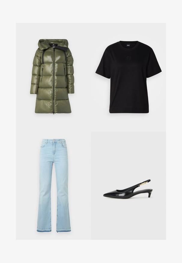 Olivevihreä puffatakkia, jossa on kiiltävä pinta, huppu, mustat hihnat ja kaksi sivullista vetoketjullista taskua. Suora leikkaus etuvetoketjulla.; Musta puuvillapaita, jossa on pyöreä kaula-aukko, lyhyet hihat ja brodeerattu logo rinnassa. Yksinkertainen, rento istuvuus ilman kuvioita.; Vaaleansiniset levenevät farkut, jotka on valmistettu denimistä. Niissä on korkea vyötärö, etutaskut ja raaka helma lahkeissa rentoa ilmettä varten.; Mustat nahkaiset slingback-korkokengät, joissa on terävä kärki, ohuet korot ja kultasävytteinen yksityiskohta säädettävässä hihnassa. Silkkinen pinta.