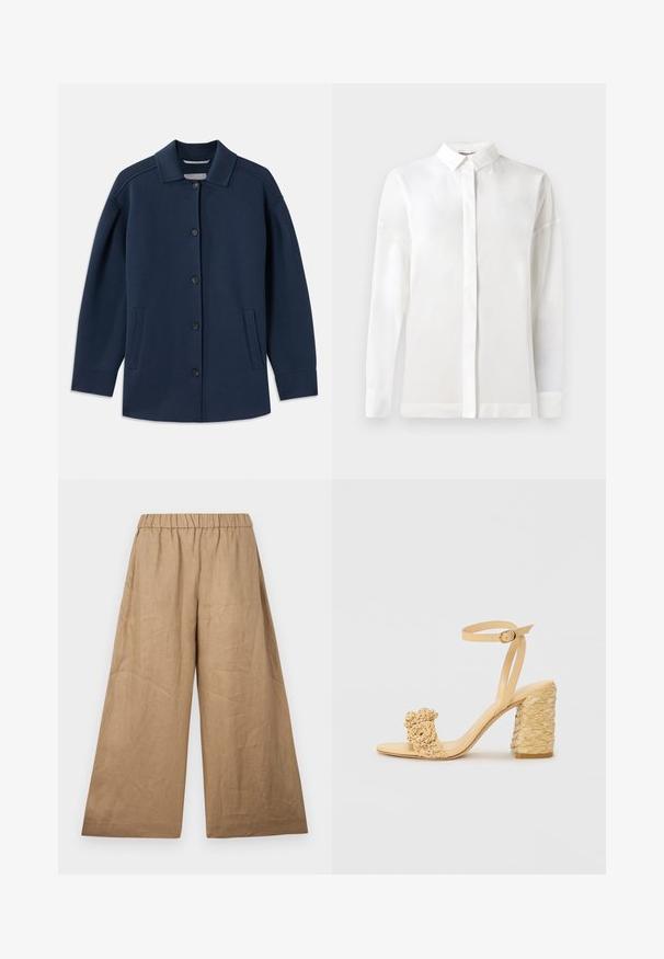 Mornarsko modra jakna z ovratnikom, sprednjimi gumbi, stranskimi žepi in sproščenim krojem z širokimi rokavi. Narejena iz mehkega materiala.; Bela srajca z dolgimi rokavi in gumbastim ovratnikom, gladke teksture, ravnega kroja in skritega zapenjala. Mehka, lahka tkanina brez vzorcev.; Lanene široke hlače v svetlorižni odtenku, s prirubljenim elastičnim pasom in gladko, teksturirano površino.; Beige sandala na visokom potplatu s pletenom teksturom, s dekorativnim cvijetom i remenom oko gležnja. Kvadratna peta osigurava stabilnost.