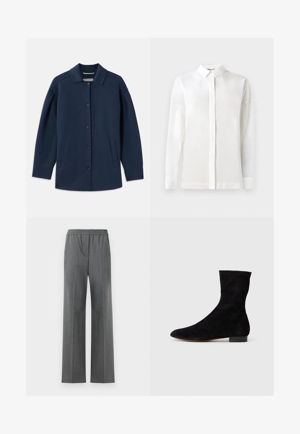 Giacca blu navy con colletto, bottoni frontali, tasche laterali e vestibilità rilassata con maniche larghe. Realizzata in tessuto morbido.; Camicia bianca a maniche lunghe con colletto bottonato, tessuto liscio, taglio dritto e patta nascosta. Tessuto morbido e leggero senza fantasie.; Pantaloni larghi grigi con cintura elasticizzata, realizzati in un tessuto testurizzato con un sottile motivo a intreccio.; Stivale alla caviglia in suede nero con gambale aderente, punta affusolata e tacco a blocco basso. Texture liscia e design minimalista, adatto per uno stile versatile.