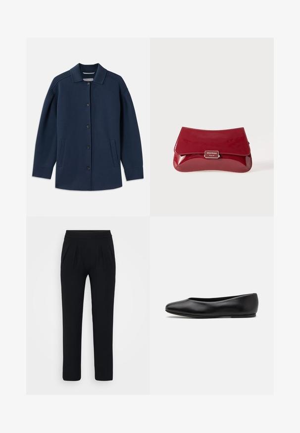 Casaco azul marinho com gola, botões frontais, bolsos laterais e um ajuste descontraído com mangas largas. Feito de tecido suave.; Blusa de cetim azul de manga curta com decote quadrado e fecho na parte de trás. Textura suave e ajuste ligeiramente solto.; Calças pretas, de perna larga, feitas de tecido suave. Apresenta um cós elástico e dois pregas frontais. Sem padrões visíveis ou acessórios.; Paul Smith TOPANGA - Sabrinas - black; Clutch em pele vernizada vermelha com um design curvado, aba a dobrar e um detalhe de logótipo em metal numa placa prateada. Textura suave e brilhante.