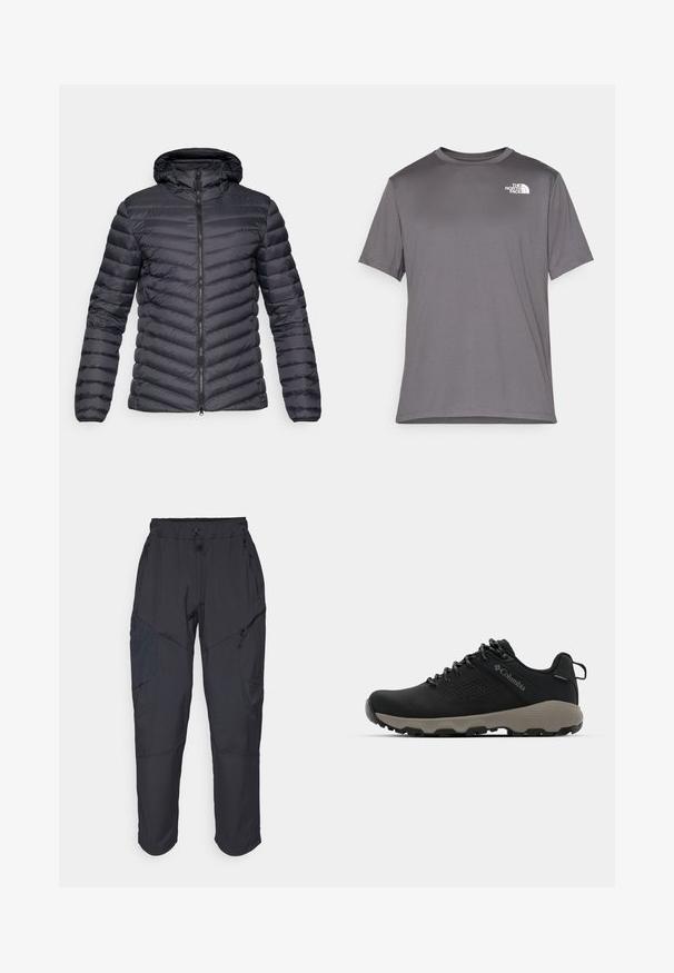 Veste matelassée à capuche gris foncé avec texture en losanges, fermeture éclair à l'avant et poignets élastiques. Design léger et profilé.; T-shirt de sport gris à manches courtes en tissu lisse et léger. Présente un logo blanc sur la zone gauche de la poitrine. Col rond.; Pantalons cargo noirs en matériau léger et résistant à l'eau ; dotés d'une taille élastique, de plusieurs poches zippées et de jambes fuselées.; Chaussure de randonnée noire avec une tige lisse, un design perforé, une semelle extérieure grise et un talon renforcé. Comprend des lacets et une languette pour un enfilage facile.