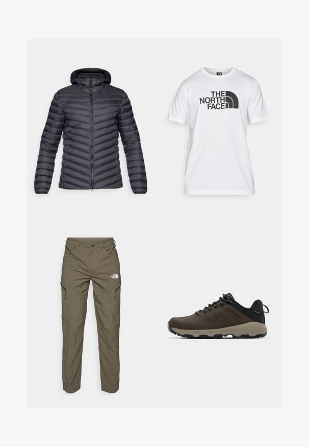 Chaqueta acolchada con capucha de color gris oscuro, con textura de rombos cosidos, cierre frontal con cremallera y puños elásticos. Diseño ligero y aerodinámico.; Camiseta de algodón blanca con estampado gráfico negro que incluye texto y un diseño de logotipo curvado. Cuello redondo y mangas cortas. Textura lisa.; Pantalones de exterior verde oliva hechos de tela ligera, con bolsillos tipo cargo, detalles con cremallera y un logo en el muslo superior.; Zapatillas impermeables marrones con parte superior texturizada, acentos perforados, soporte para el talón negro y suela de goma gris. Los cordones tienen extremos metálicos.