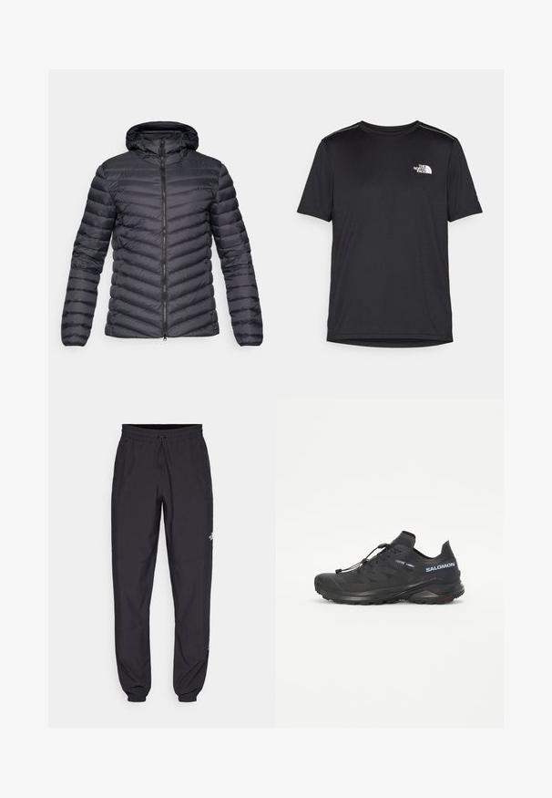 Tummanharmaa huppupuffer takki, jossa on vinoruutukuviointi, edessä vetoketjusulitus ja joustavat hihansuut. Kevyt ja virtaviivainen muotoilu.; Mustapaita lyhyillä hihoilla, joka on valmistettu kevyestä kankaasta. Siinä on pieni valkoinen logo vasemmassa rinnassa ja huomaamattomia olkakoristeita.; Mustat urheiluhousut, jotka on valmistettu kevyestä kankaasta. Housuissa on naru vyötäröllä, sivutaskut ja kapenevat hihnat nilkoissa.; Musta maastohiihtokenkä tekstuuripinnalla, joustavilla nauhoilla ja Contagrip-pohjalla. Ominaisuuksiin kuuluu tiukka istuvuus ja suojaava varvaskuppi.