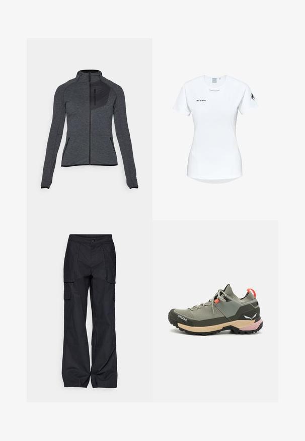 Graue sportliche Zip-Jacke mit slim fit Design, langen Ärmeln und strukturiertem Stoff. Sie verfügt über eine schwarze Brusttasche und seitliche Reißverschlusstaschen.; Kurzärmliges weißes Sportshirt mit Rundhalsausschnitt, das ein Logo auf der Brust und eine glatte, leichte Stofftextur aufweist.; Columbia BREA FALLS™ COTTON RIPSTOP PANT - Outdoor-Hose - black; Leichter grüner Wanderschuh aus Mesh und Gummi, mit schwarzem Profilsohle, rosa und orangefarbenen Akzenten sowie verstärkter Zehenkappe.