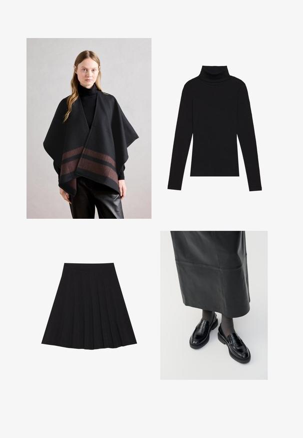 Anna Field Poncho - dark brown/camel; Svart polokrage långärmad topp, tillverkad av ribbat tyg, har en figurnära design med hög hals och inga mönster eller accenter.; Svart plisserad kjol gjord av texturerad tyg med en figurnära midjeband. Faller till knä längd och har en slät, ren silhuett.; Svarta läderloafers med en slät yta, prydda med en dekorativ rem, rund tå och texturerad sula. Bärs med en lång svart läderkjol.